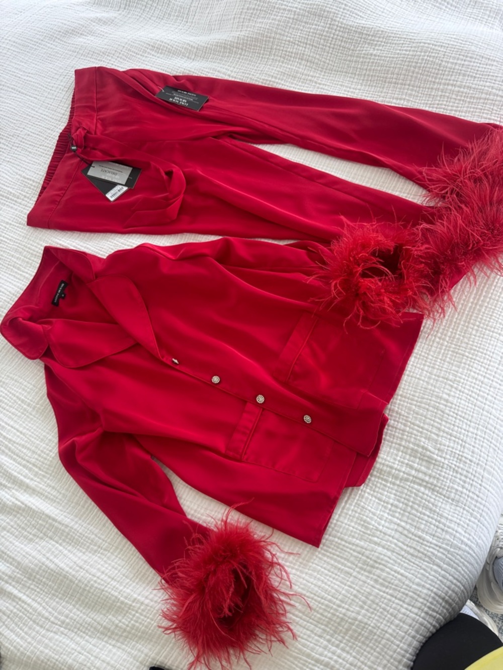 NADINE MERABI Red Feather-Cuff Satin Blazer Jacket